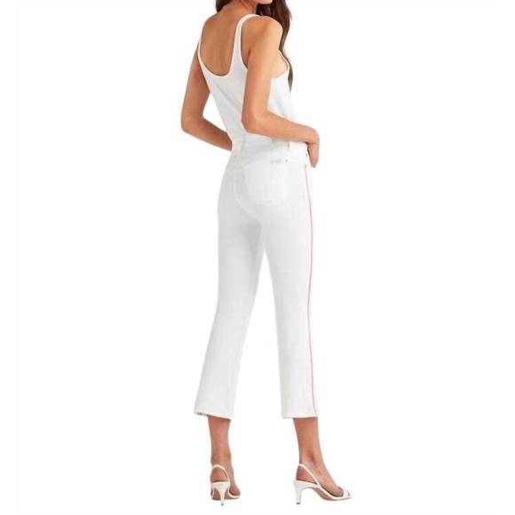 NEW 7 FOR ALL MANKIND high rise flare crop pink piping jeans in white - Picture 3 of 4